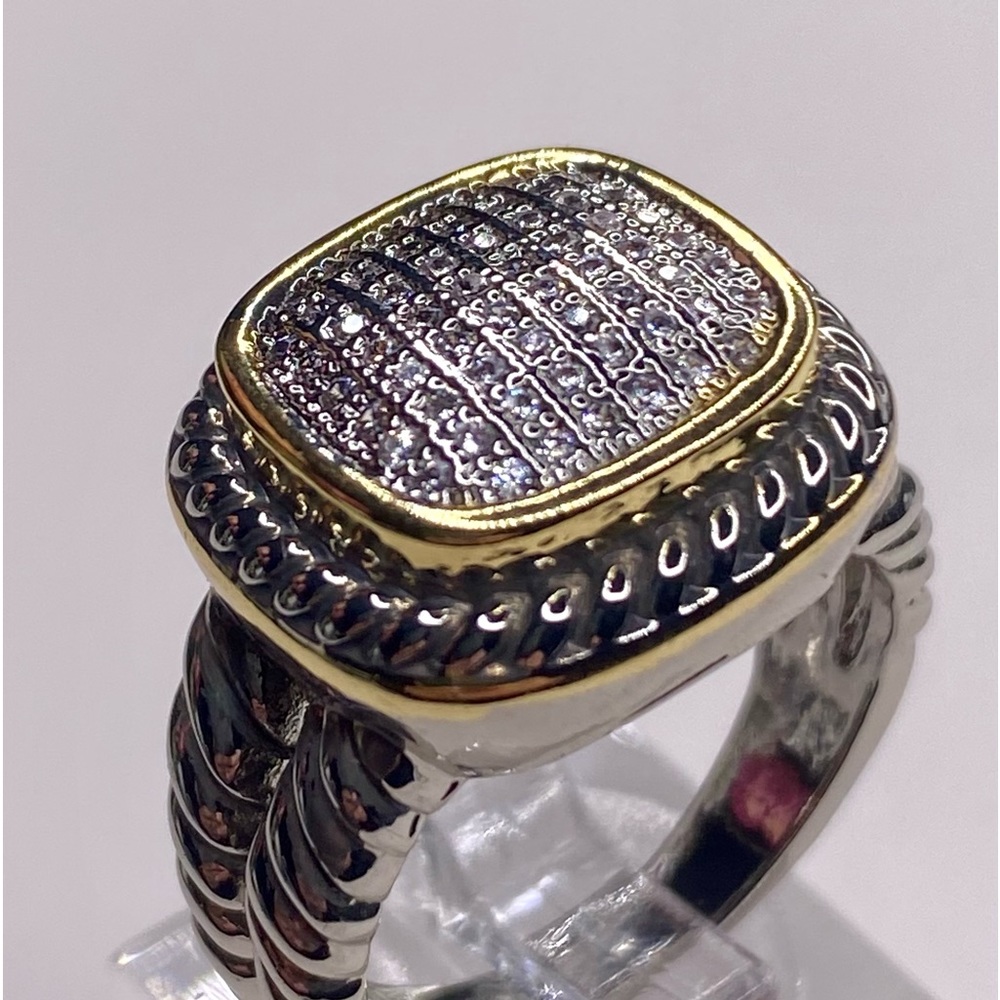 TWO TONE PAVE RING RHODIUM PLATED